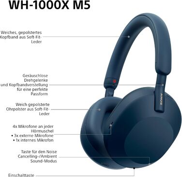 Навушники Sony WH-1000XM5 Bluetooth чорного кольору з шумозаглушенням та кейсом. Hi-Res Audio, до 30 год роботи, для iOS/Android