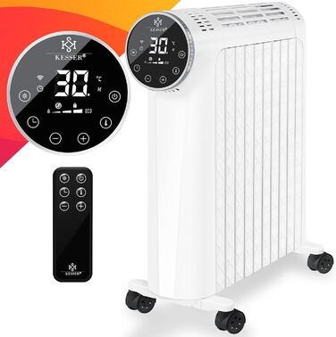KESSER® Oil Radiator 2500W Electric Heater Radiator Electric Heating System Energy-Saving with Display WiFi App & Remote Control Touchscreen - Mobile Oil Radiator 24h Timer, Thermostat & Overheat Protection White