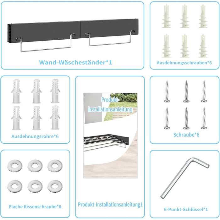 Настінний сушильник для білизни з 80 см штангами, 5 ліній сушіння, розкладний, для дому та вулиці, чорний, 80 см