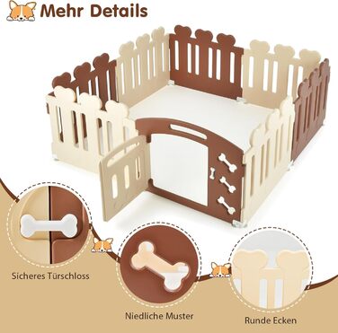Вольєр для собак COSTWAY з 8 панелей, 60 см, з дверцятами, для дому та саду, HDPE пластик, бежевий + коричневий