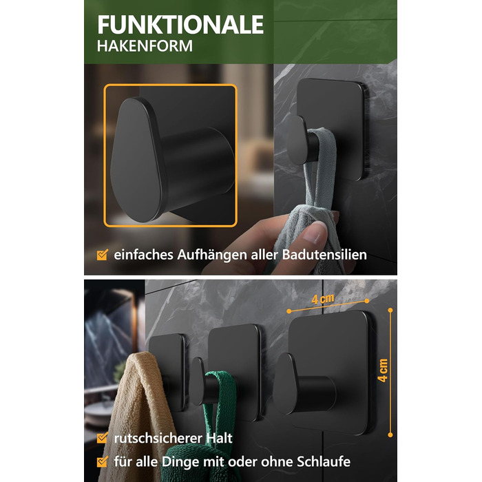 Набір тримачів для рушників 4smile (6 шт.) без свердління, з нержавіючої сталі, чорний. Клейкі гачки для ванної кімнати, міцна фіксація.