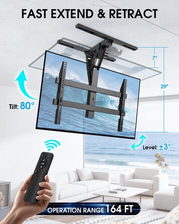 Електричний кронштейн для телевізора на стелю 32-70 дюймів, для плоских та вигнутих TV, чорний, VESA 600x400 мм, з пультом ДУ