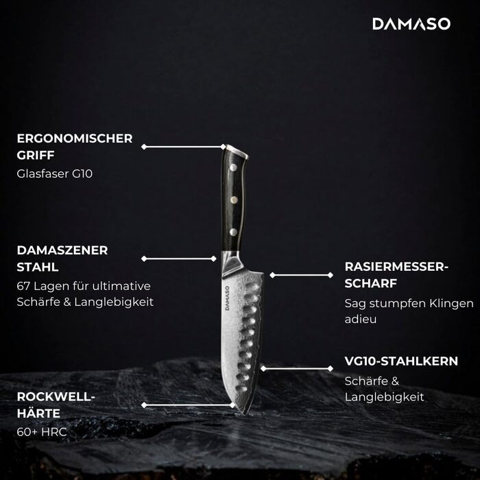 Кухонний ніж Santoku Damaso 12,7 см, 67 шарів дамаск, японський, Black Pearl