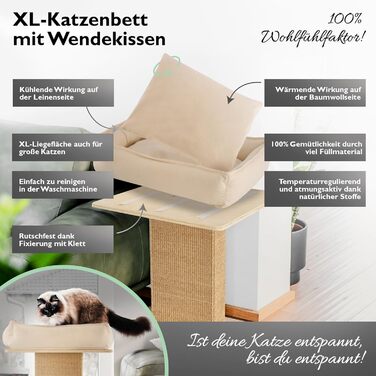 Nemmy Premium Cat Tree Small Beige | Stable Scratching Post Extra Wide | Cat Bed with Cushion | Cat Tree for Large Cats | Modern Wood Natural | Scratching Column | Scratching Post