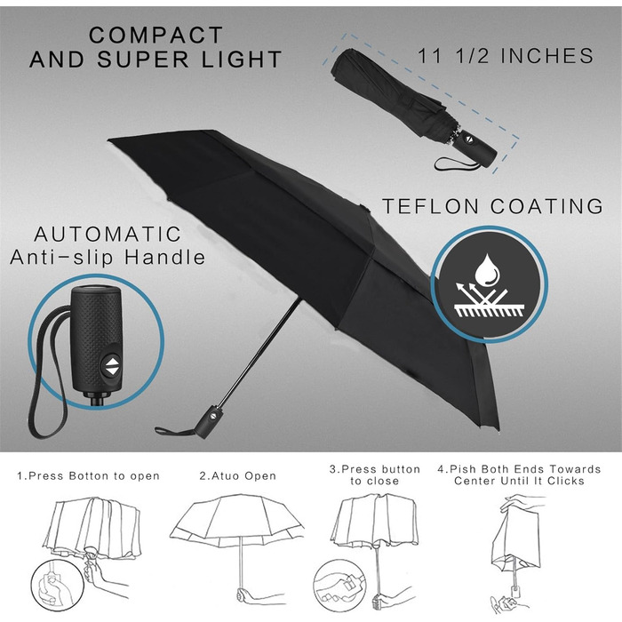 AMVUZ Сонцезахисний парасоль від дощу, стійкий до вітру, автоматичний, туристичний, чорний, з двошаровим покриттям