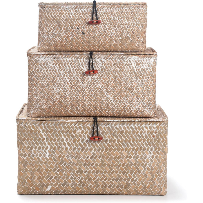 Кошики для зберігання з морської трави з кришкою, 3 шт. (великий, середній, малий), натуральний матеріал, для білизни