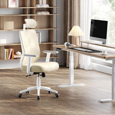 Офісне крісло Yaheetech з регульованою підголівником та підтримкою попереку, дихаюча сітчаста спинка, широке сидіння, S-подібна спинка, поворотне на 360°, бежеве