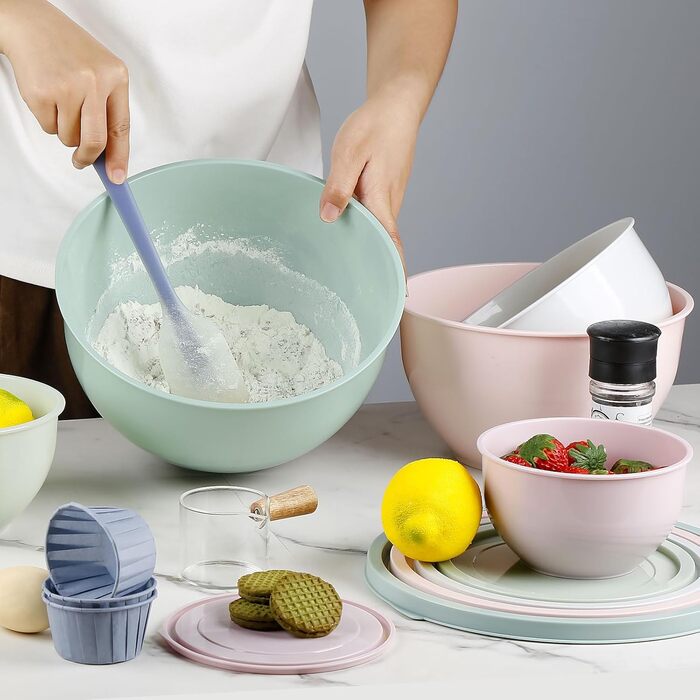 Набір салатниць з кришкою, набір мисок для перемішування з пластику, складні миски для кухні, великий набір мисок, сервіровочні миски ідеальні для змішування та подачі, BPA-free, світло-сірий