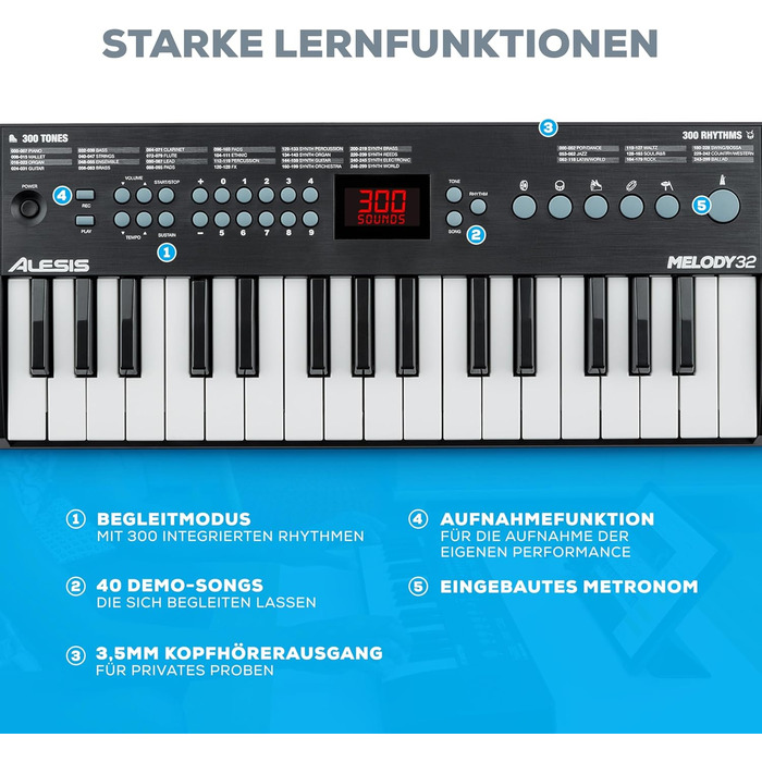 Alesis Melody 54 - Портативна клавіатура з 54 клавішами, вбудованими динаміками, 300 звуками, 300 ритмами, 40 демо-піснями, навчальними інструментами, мікрофоном та підставкою для нот (32 клавіші)
