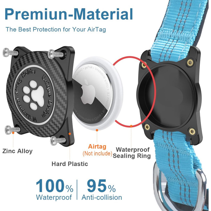 Світловідбиваючий нашийник для Apple AirTag для собак, регульований, водонепроникний, для малих, середніх та великих собак, розмір L (S 27-34.5 см), блакитний