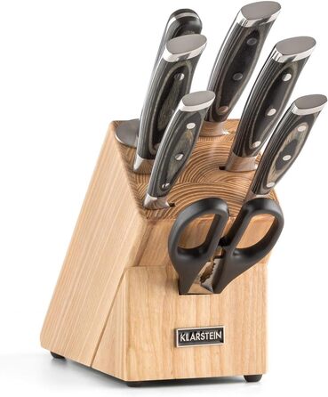 Klarstein Katana 8 Professional Knife Set - 8-Piece Stainless Steel Kitchen Knife Set with Block, Brown Wood Block