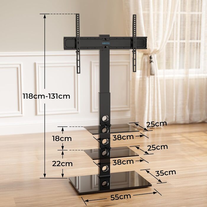 BONTEC TV Stand for 30-70 inch LED OLED LCD Plasma TVs - Adjustable Height, 3-Tier Tempered Glass Shelves, VESA 600x400, 40kg Capacity, Black