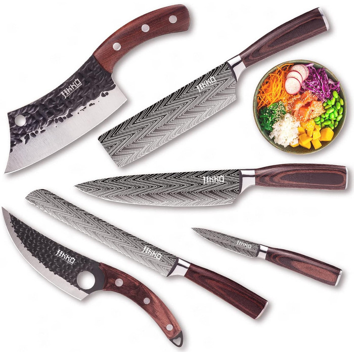 Набір кухонних ножів JIKKO® з японської сталі AUS-6 – повний набір кухонних ножів преміум-класу з ручками з махагоні та горіха – високоякісні кухонні ножі