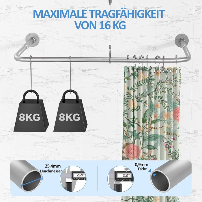 Регульована душова штанга U-подібної/L-подібної форми, 60-92 x 78-196 x 60-92 см, з 12 кільцями для шторки та підпоркою для стелі, для ванни/ванної кімнати, срібна