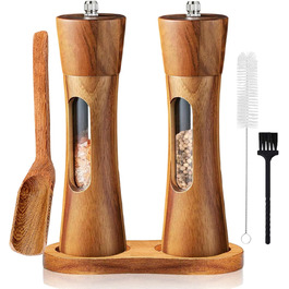 Auciej Salt and Pepper Grinder Wooden Set, Manual Pepper Grinder, Ceramic Grinding Mechanism, Spice Grinder, Salt Grinder with Coaster, Adjustable for Spices, Pepper, Salt, 2-Piece Set, 20 cm