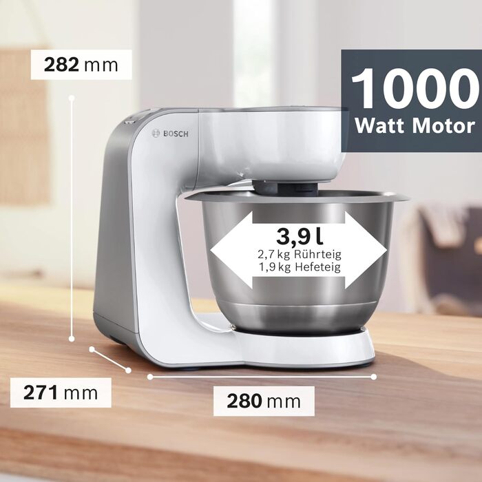 Кухонний комбайн Bosch Serie 4 MUM58W20, 1000 Вт, 3,9 л, міксер 1,25 л, планетарне змішування, насадки з нержавіючої сталі, білого/сріблястого кольору