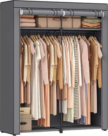 SONGMICS Storage Cabinet, Portable, with Hanging Rod, Foldable, Wardrobe, Bedroom, Office, 140 x 43 x 174 cm, Grey RYG02GY