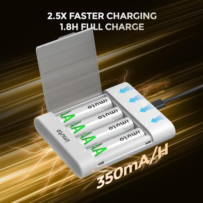 Акумулятори Li-Ion AA 1.5V 2500mAh Imuto (8шт) з зарядним пристроєм, 1600+ циклів, низький саморозряд