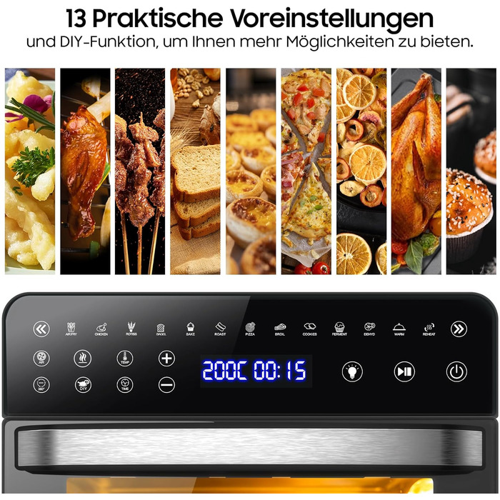 Iceagle Hot Air Fryer XXL Airfryer 15 Liter, Fryer with 13 Programs, Mini Oven, Dehydrator Function, LCD Display, including Recipe Book and Accessories, 1800W 15L