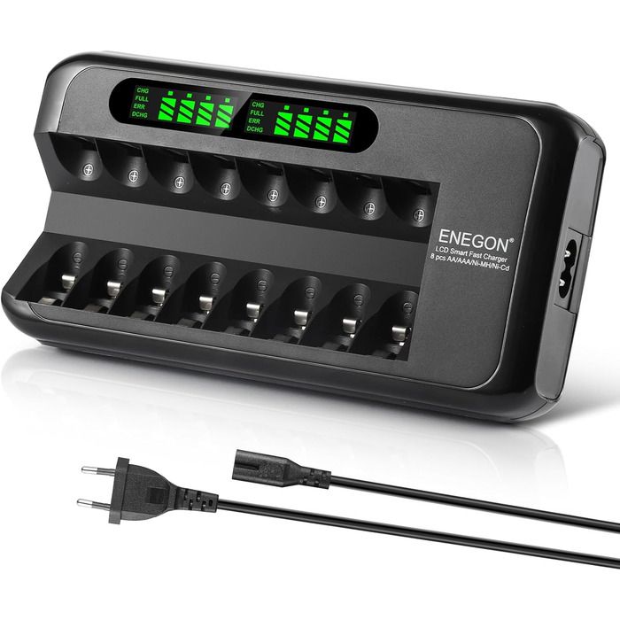 Зарядний пристрій ENEGON для акумуляторів NI-MH/NI-CD з LCD-дисплеєм, 8 слотів, AA/AAA