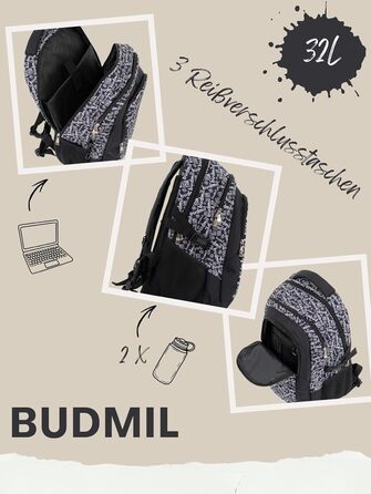 Ергономічний шкільний рюкзак Budmil 32L для хлопчиків та дівчаток, від 5 класу, водонепроникний, з 3 відділеннями та вентильованою спинкою