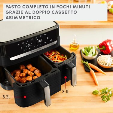 Аерофритюрниця Moulinex Dual Easy Fry 8,3 л, 7 програм, енергозбереження до 70%, подвійна чаша 5,2 л + 3,1 л, цифрове керування, книга рецептів, підходить для миття в посудомийній машині