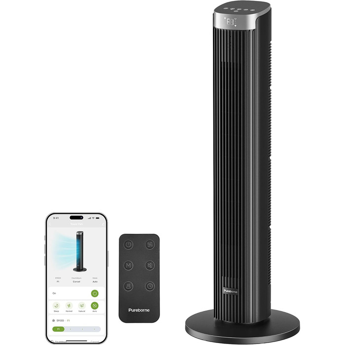 Вентилятор Pureborne 91 см з осциляцією, керуванням Wi-Fi та пультом, 4 швидкості та 4 режими, таймер 12 годин, чорний