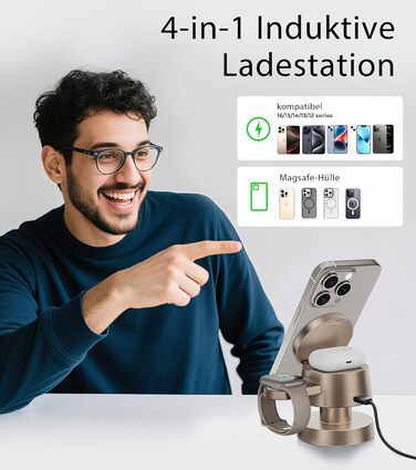 База для бездротової зарядки 4-в-1 для iPhone 17/16/15/14 Pro Max з нічним світлом, сумісна з Apple Watch та AirPods (Золота)