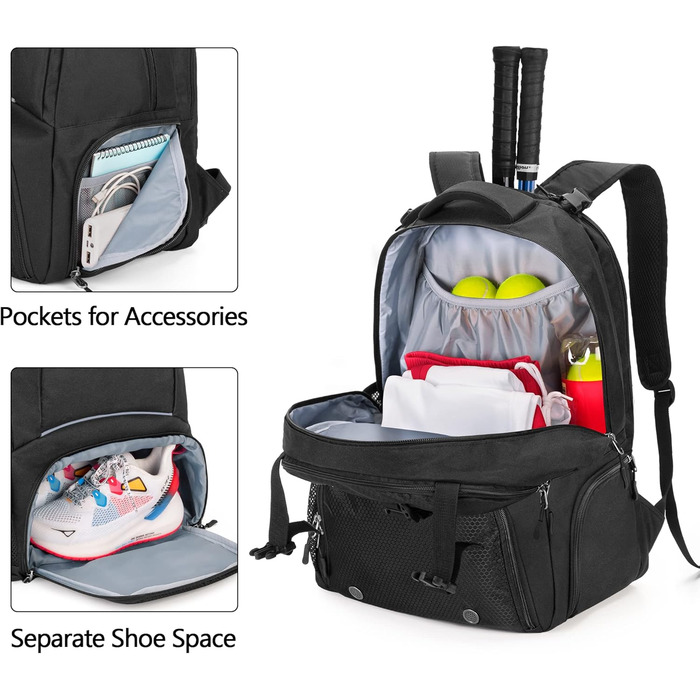 DSLEAF Tennis Backpack for 2 Rackets - Multi-Sport Bag with Ventilated Shoe Compartment - Tennis, Pickleball, Badminton, Squash - Black