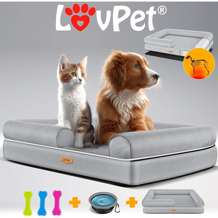 Orthopedic Dog Bed, Dog Cushion, Dog Basket Relax, Incl. Bowl + 3x Chew Bones, Dog Sofa for Small, Medium & Large Dogs, Removable and Washable Cover, 91x71x22cm (L (106 x 80 x 25 cm), Grey)