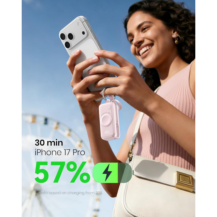 Power Bank INIU для Apple Watch, 5000mAh, вбудований кабель, LCD-дисплей, сумісний з iWatch 10/9/8/Ultra2/Ultra/SE, iPhone 16/15, рожевий