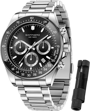 Годинник чоловічий BENYAR Chronograph з датою, кварцовий, водонепроникний, аналоговий, срібний браслет/чорний циферблат. Елегантний аксесуар для бізнесу та повсякденного стилю. Чудовий подарунок для чоловіків.