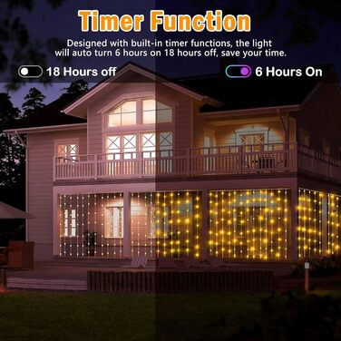 Лампочки-завіса Joycome для декорування приміщень та вулиці, 3м x 3м, 300 LED, 8 режимів, вологостійка, тепле світло, для вікна, балкона, вечірки, намету, весілля, Різдва