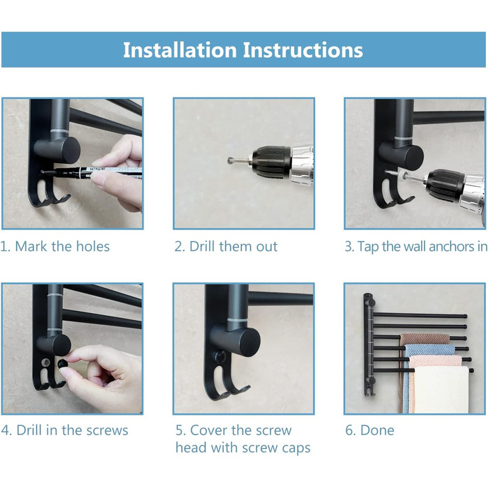 Тримач для рушників JSVER з нержавіючої сталі, 6-ти секційний, поворотний, чорний, 34 см