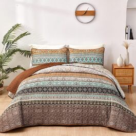 WONGS BEDDING Quilt Cover 220x240 Bedspread Bohemian Throw Blanket Stepped Quilt 3-Piece Double Bed Quilted Blanket Microfiber Living Blanket with 2 Pillowcases 50x70 for Bedroom as Sofa Cover (Bohemian) (220x240 cm, Brown)