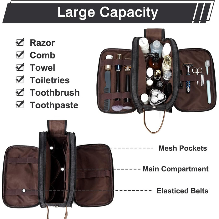 KASGO Toiletry Bag for Men and Women - Large Travel Toiletry Bag, Water-Resistant Cosmetic Bag with 3 Compartments and Leather Holder, for Bathroom, Gym, and Travel, Dark Grey