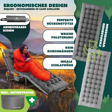 Кемпінгове ліжко KESSER® розкладне, 190x68x30 см, до 250 кг, з Oxford тканини та сталевим каркасом + сумка, подушка, кишеня та тримач для напоїв, для кемпінгу