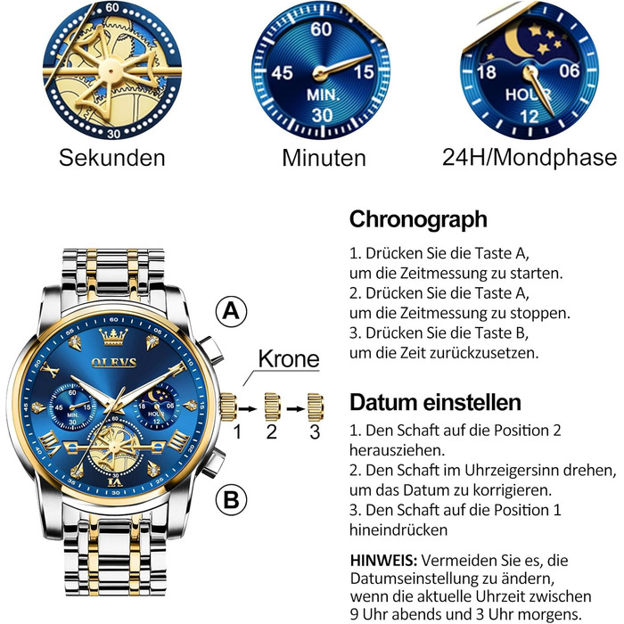 Чоловічий годинник-хронограф OLEVS: водонепроникний кварцовий годинник зі сталевим ремінцем (золото-срібло) та синім циферблатом, бізнес-стиль