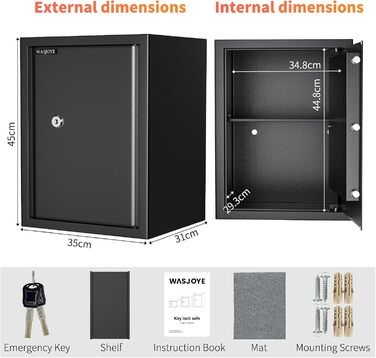 Safe Tresor WASJOYE: Сейф для дому/офісу з ключем (25x35x25 см, 49 л)