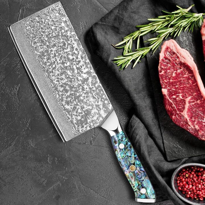 Ніж кухарський Дамаск з лезом 17.8 см, VG-10 сталь, ручка з мушлі Абалоне, подарункова коробка