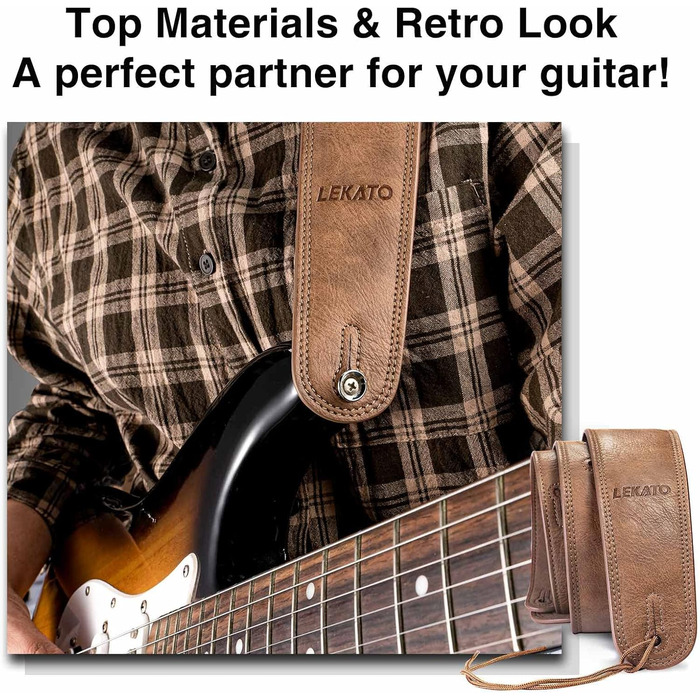 Шкіряний ремінь для гітари Lekato з товстою амортизуючою подушкою, універсальний для бас, електро-, акустичної та класичної гітари, регульований, довжина 41-51 см (колір коричневий)
