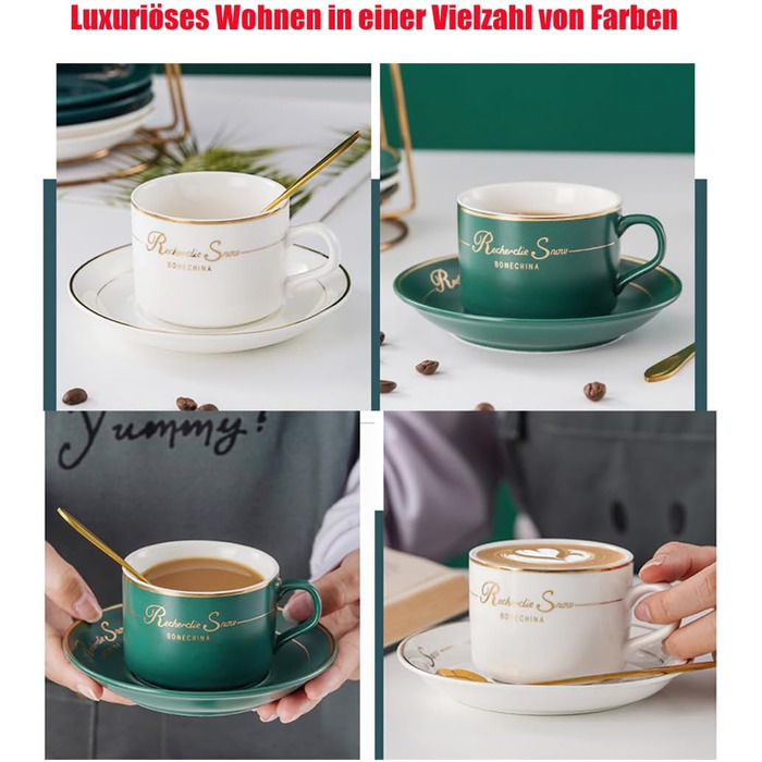 Набір кавових чашок капучіно з блюдцями (6 шт., 150 мл), набір чашок для чаю з золотим декором, британський порцелан, білий