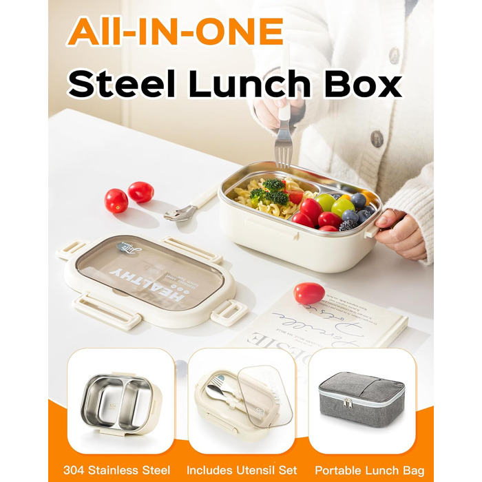 Ланчбокс Lille Home з нержавіючої сталі з 2 відділеннями, 850 мл, витокозахисний, з сумкою та столовим прибором, BPA-free (Бежевий)