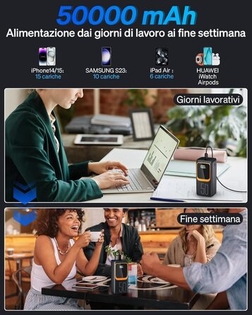 Power Bank 50000 mAh з вбудованим кабелем, 22.5W швидка зарядка, LED-ліхтарик, 7 портів (3 входи) - портативний акумулятор