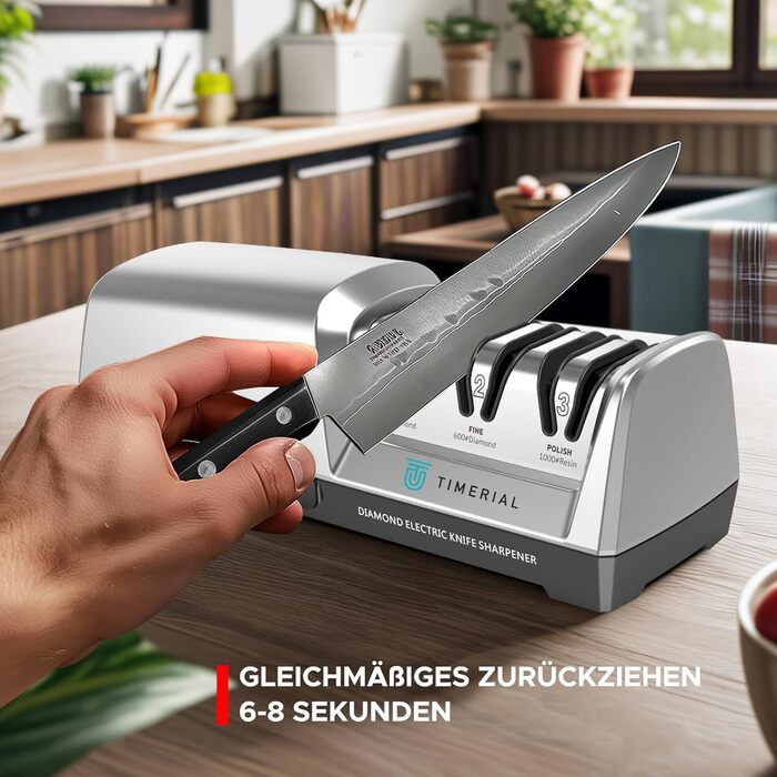 Електричний точило для ножів TIMERIAL з алмазними дисками 3-х ступенів, 15° кут, для сталевих кухонних ножів, 120/600/1000 grit