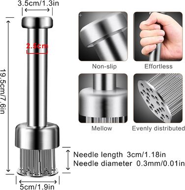 Fleischklopfer з нержавіючої сталі, молоток для м'яса, кухонний інструмент для приготування стейків, шніцелів, курки, риби та яловичини (20 см), сріблястий