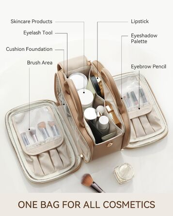 Косметичка для макіяжу Prite з великою місткістю, водонепроникна, з ручкою та кількома відділеннями, бежево-коричнева