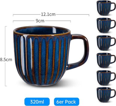 Набір кавових чашок 6 шт., 320 мл, порцеляна, з ручкою, блакитні - для еспресо, капучино