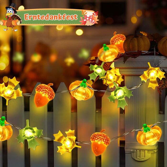 Льорочка декоративна LED, 3м, 30LED, з гарбузами, кленовим листям та жолудями для прикраси інтер'єру та екстер'єру, на батарейках. Ідеально для осіннього декору, Дня подяки, Хелловіну.