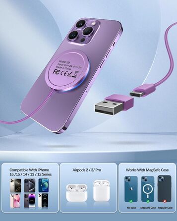 Бездротовий зарядний пристрій для iPhone, AirPods: LED-зарядка з двома портами (фіолетовий)